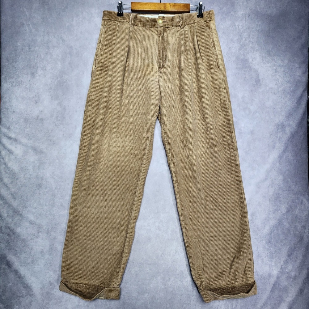 Nautica Rigger Brown Corduroy Pants Mens 32 to 33x32 Classic Fit Pleated Cuffed